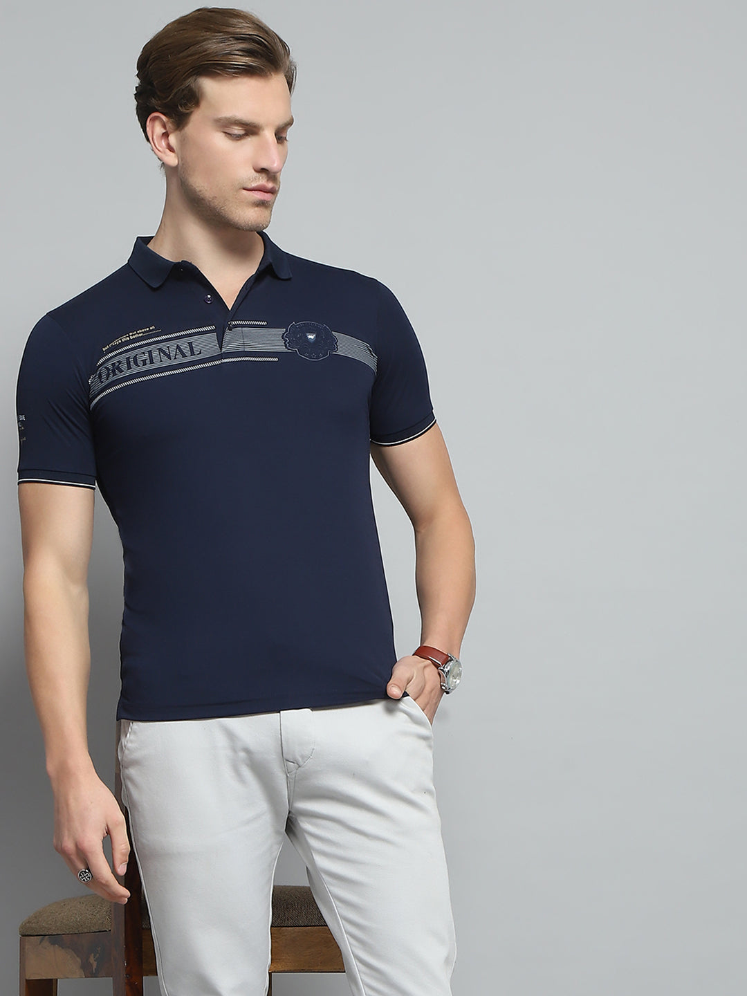 Men Navy Blue Printed Collar Half Sleeve T-Shirt