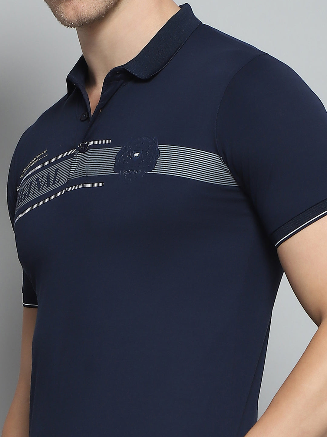 Men Navy Blue Printed Collar Half Sleeve T-Shirt