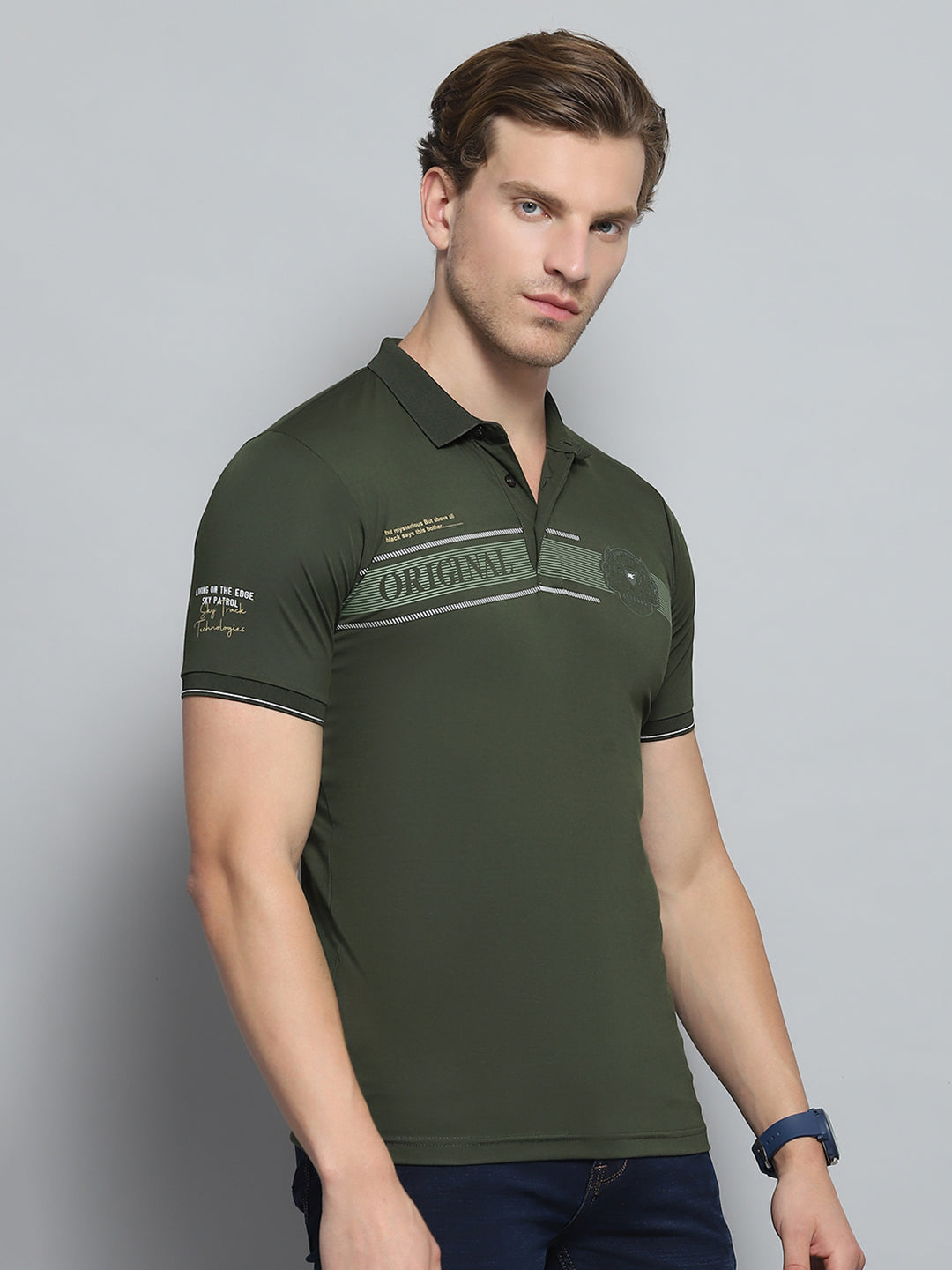 Men Olive Printed Collar Half Sleeve T-Shirt