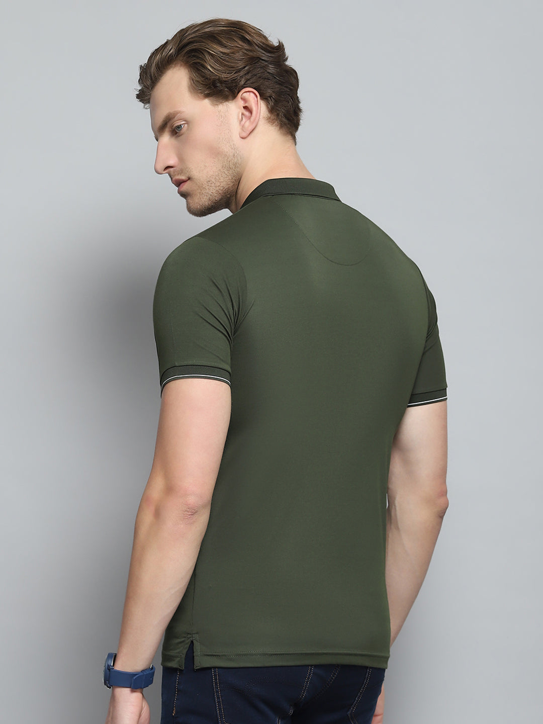 Men Olive Printed Collar Half Sleeve T-Shirt