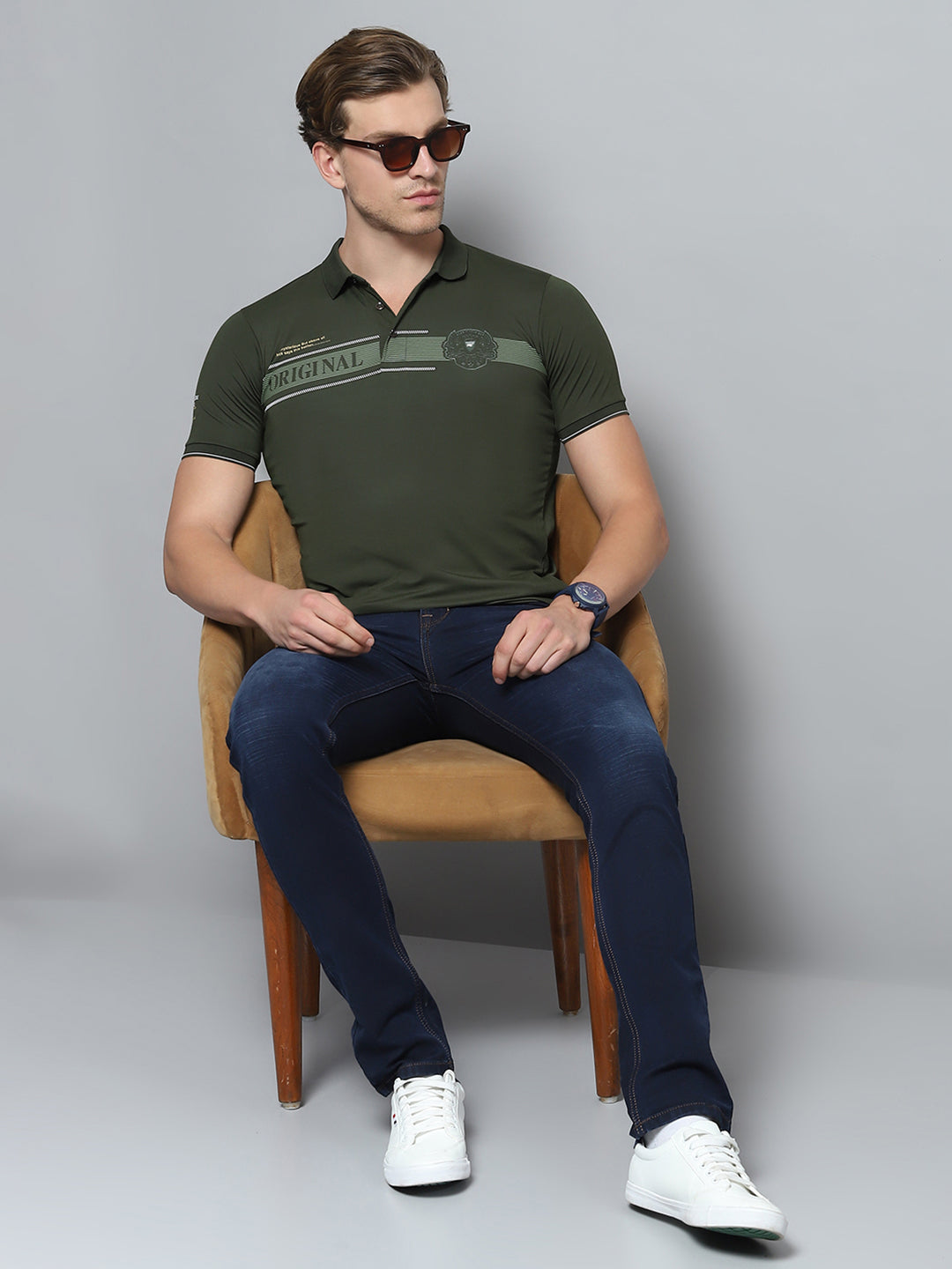 Men Olive Printed Collar Half Sleeve T-Shirt
