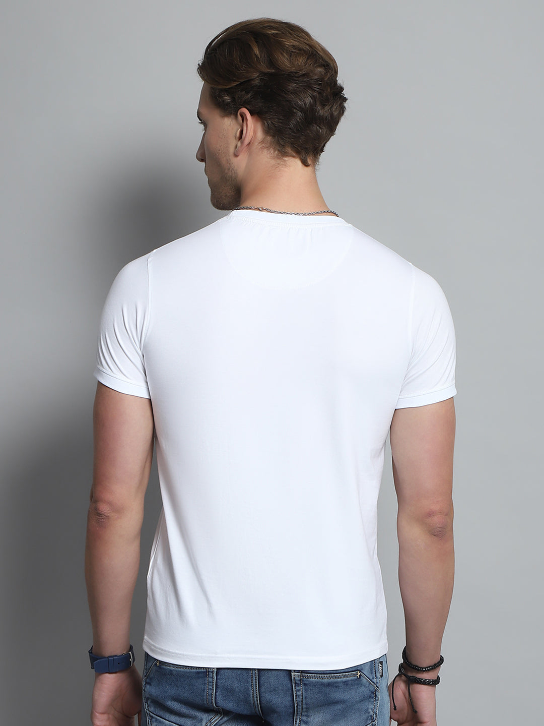 Men White Printed Round Neck Half Sleeve T-Shirt