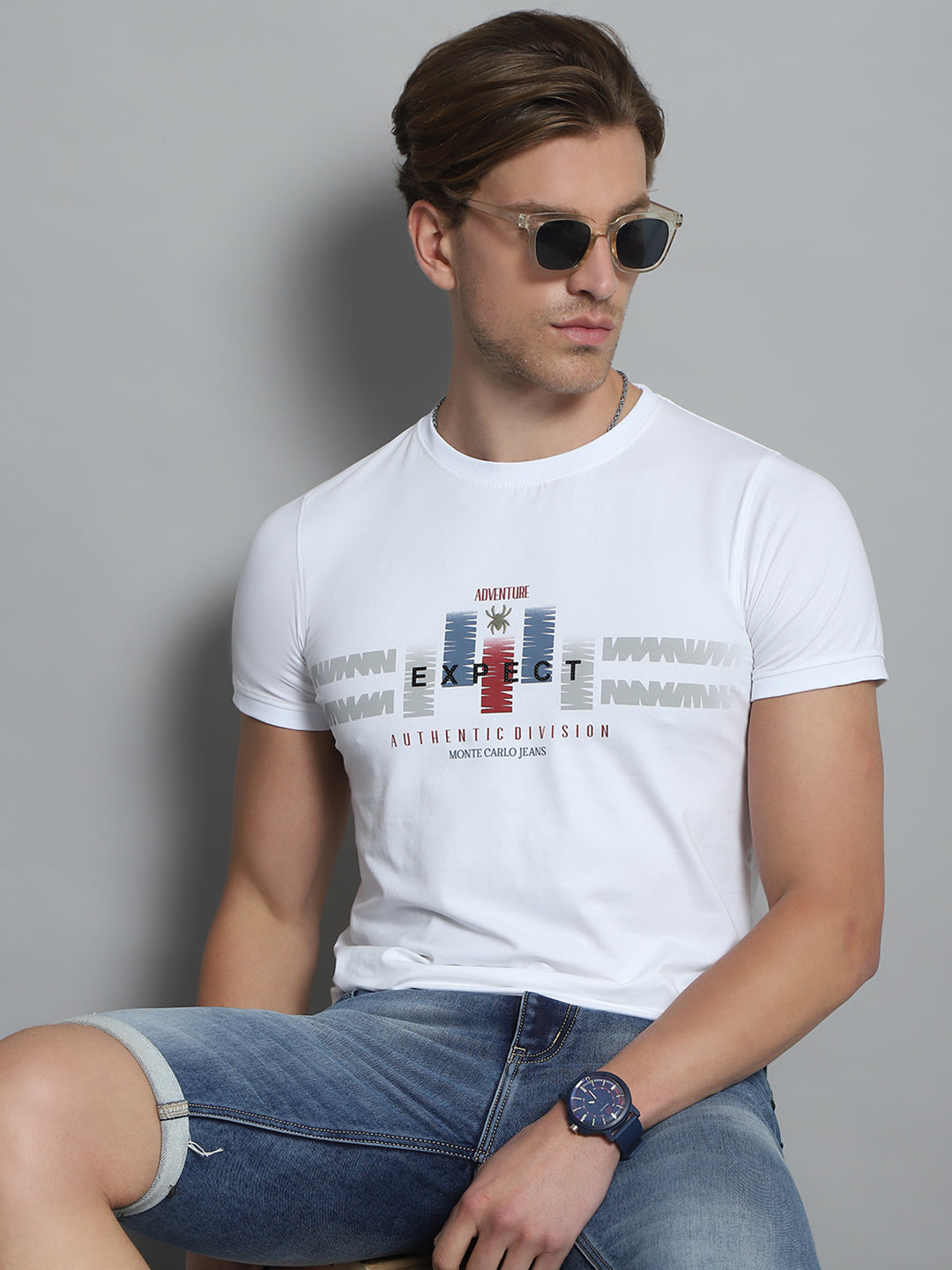 Men White Printed Round Neck Half Sleeve T-Shirt