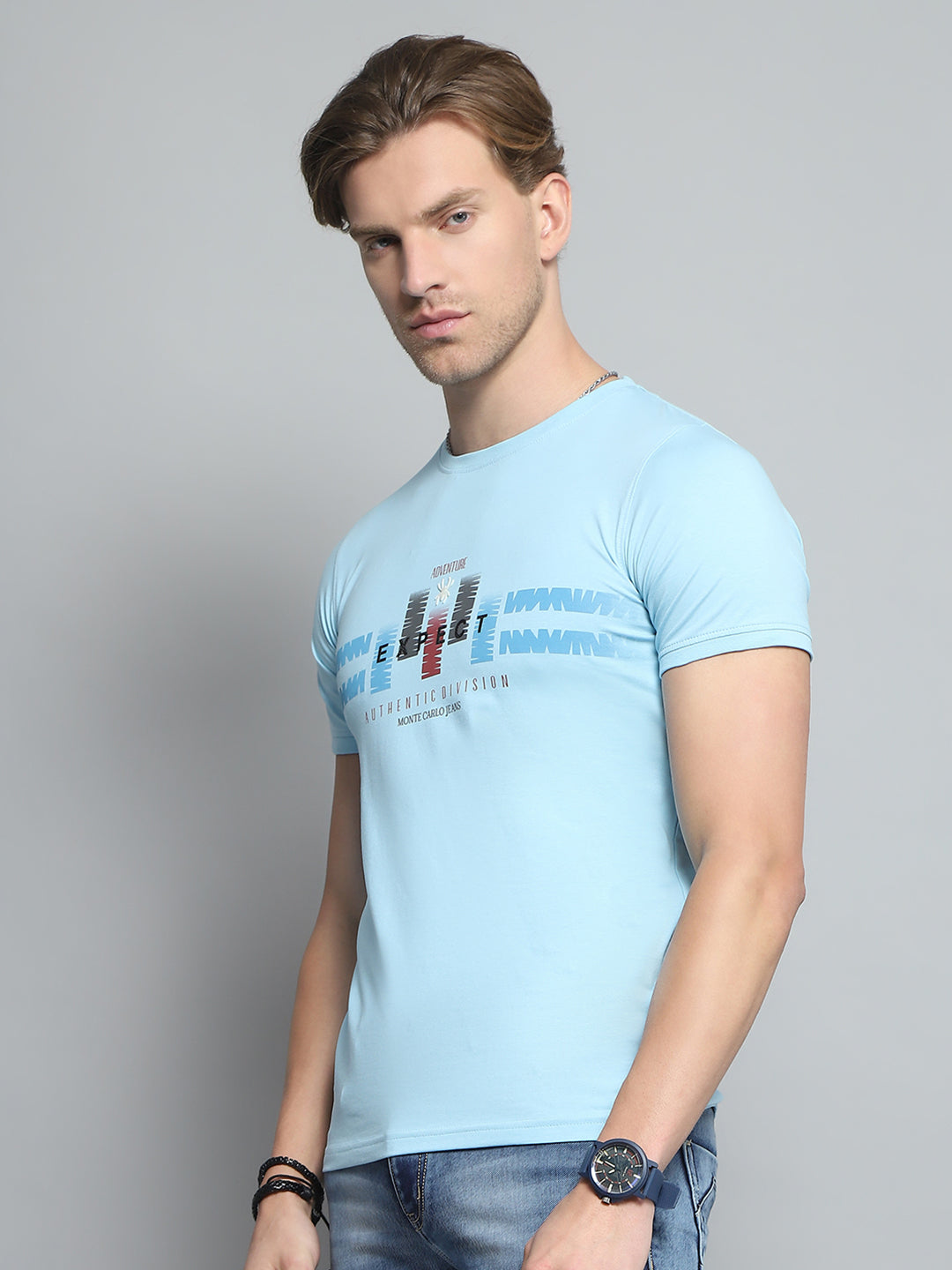 Men Blue Printed Round Neck Half Sleeve T-Shirt