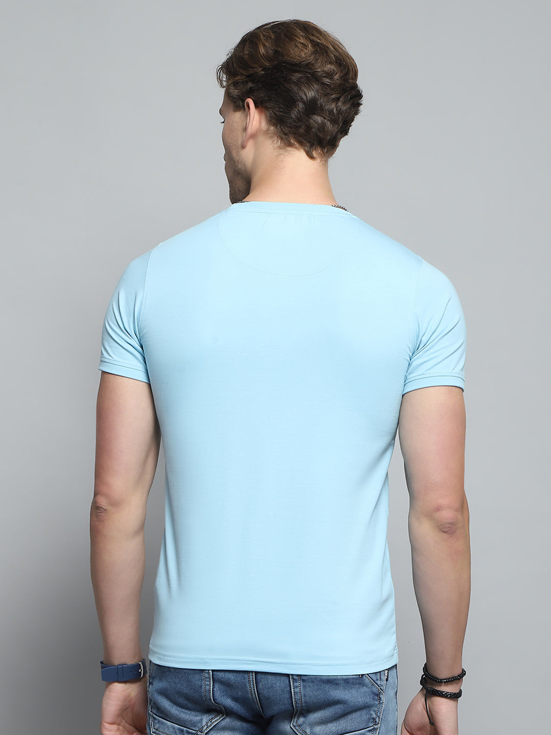 Men Blue Printed Round Neck Half Sleeve T-Shirt