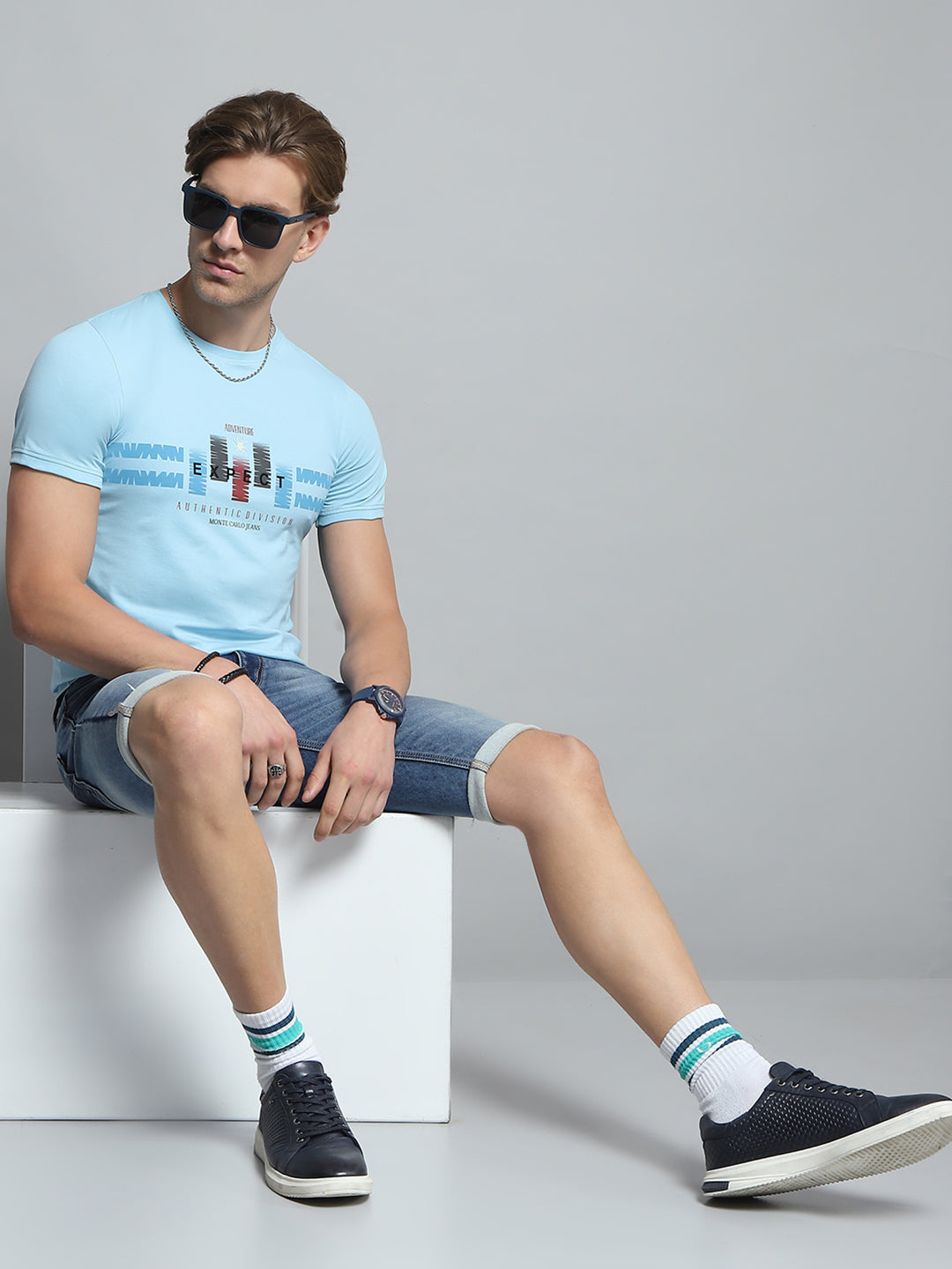 Men Blue Printed Round Neck Half Sleeve T-Shirt