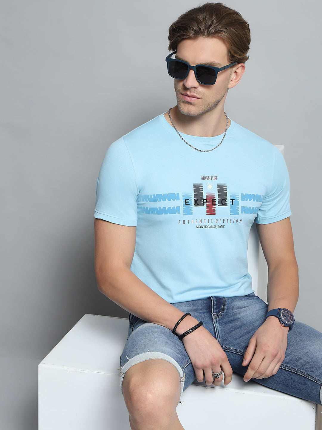 Men Blue Printed Round Neck Half Sleeve T-Shirt