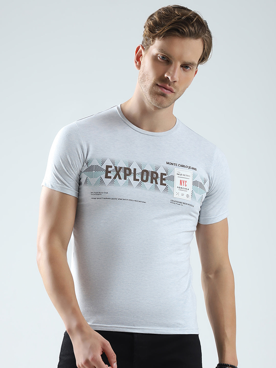 Men Grey Printed Round Neck Half Sleeve T-Shirt