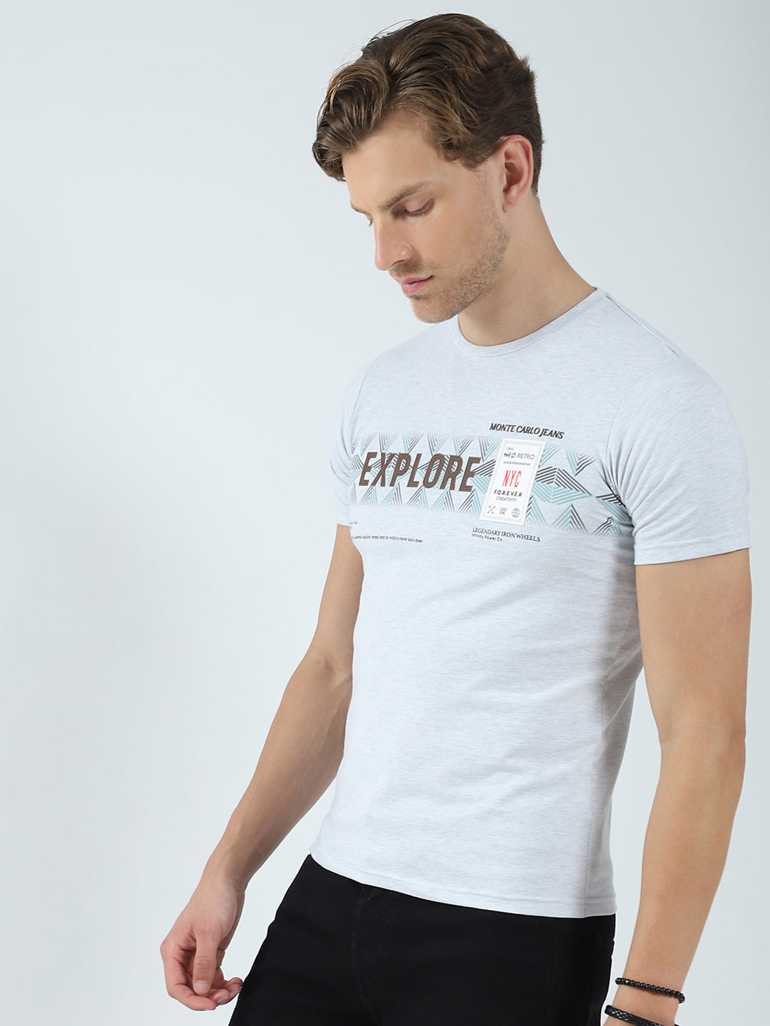 Men Grey Printed Round Neck Half Sleeve T-Shirt