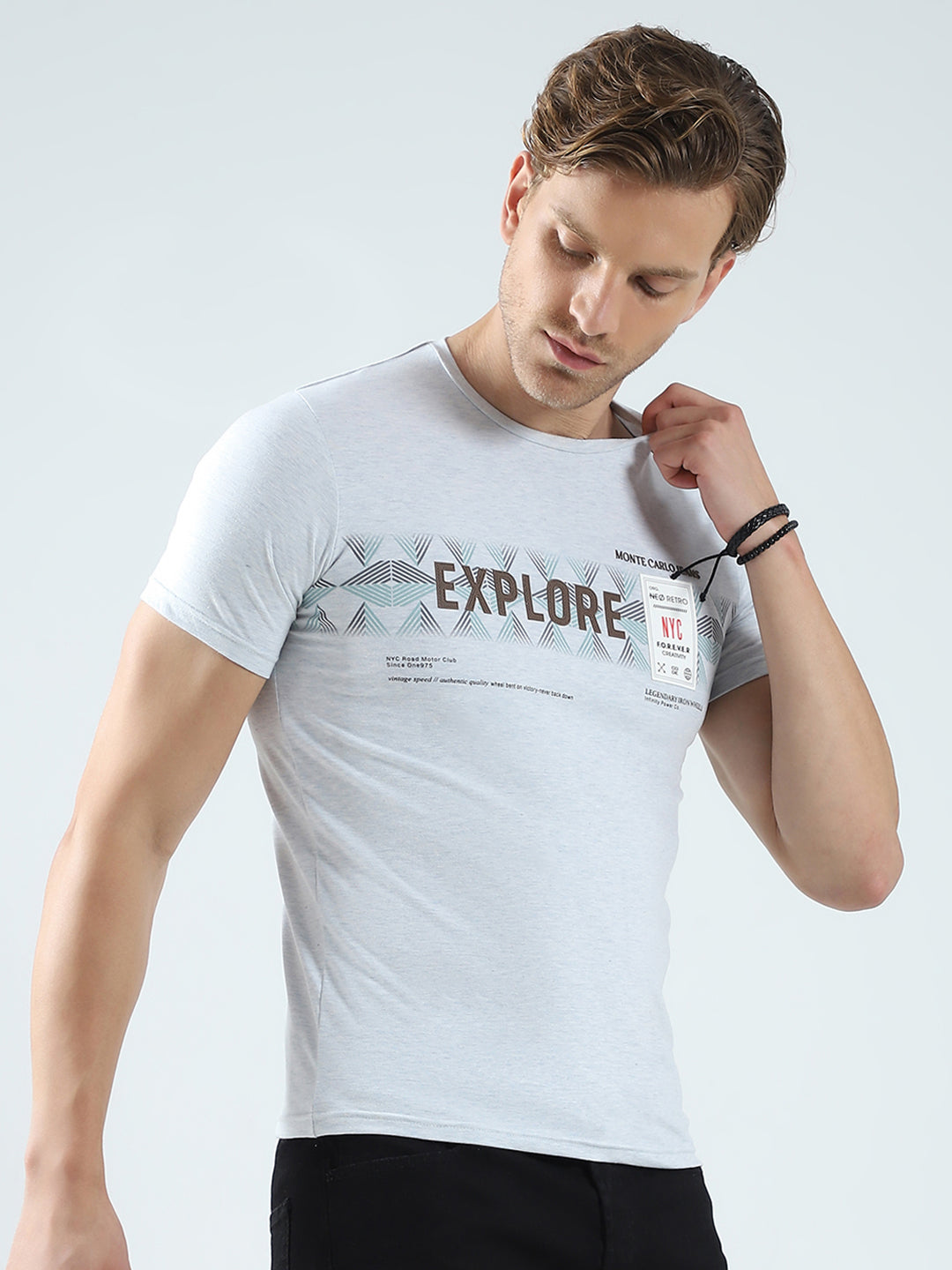 Men Grey Printed Round Neck Half Sleeve T-Shirt