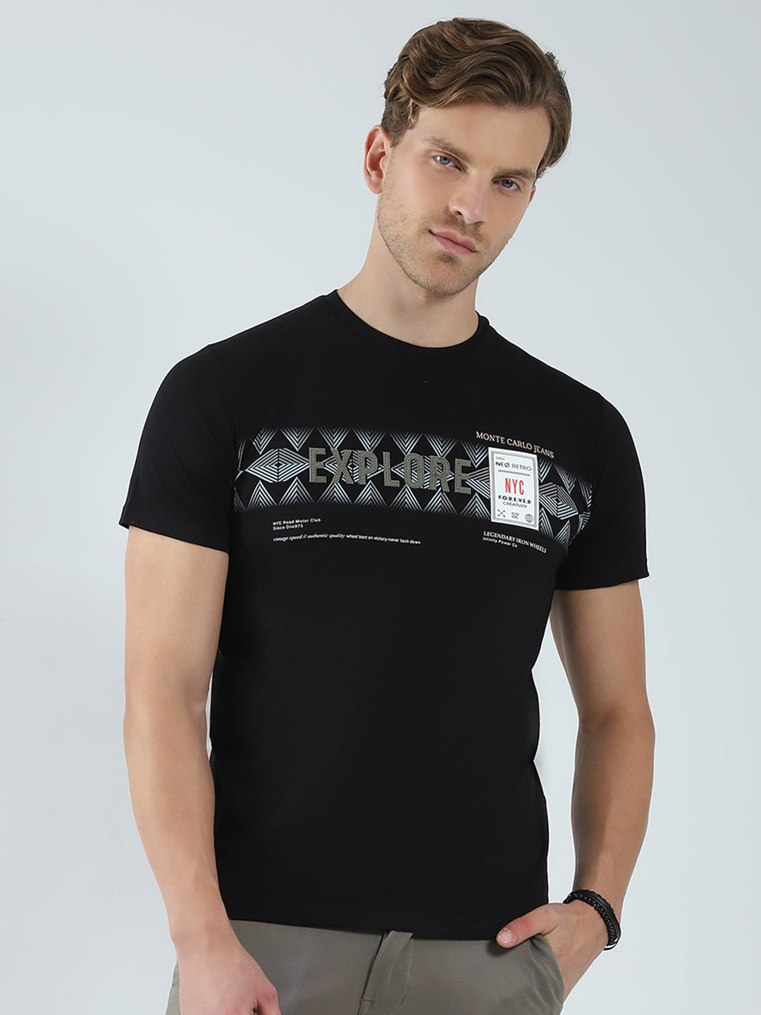 Men Black Printed Round Neck Half Sleeve T-Shirt