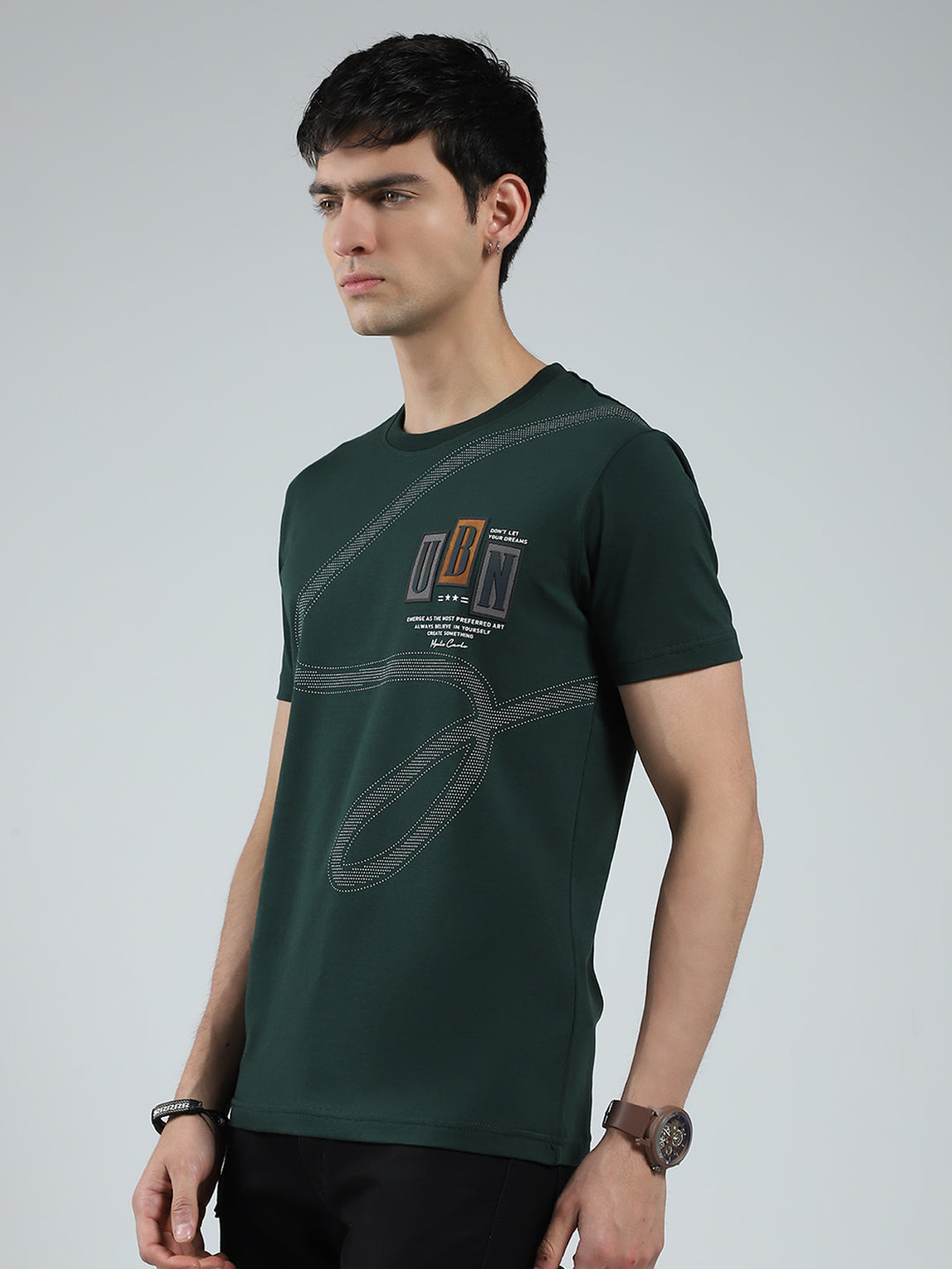 Men Green Printed Round Neck Half Sleeve T-Shirt