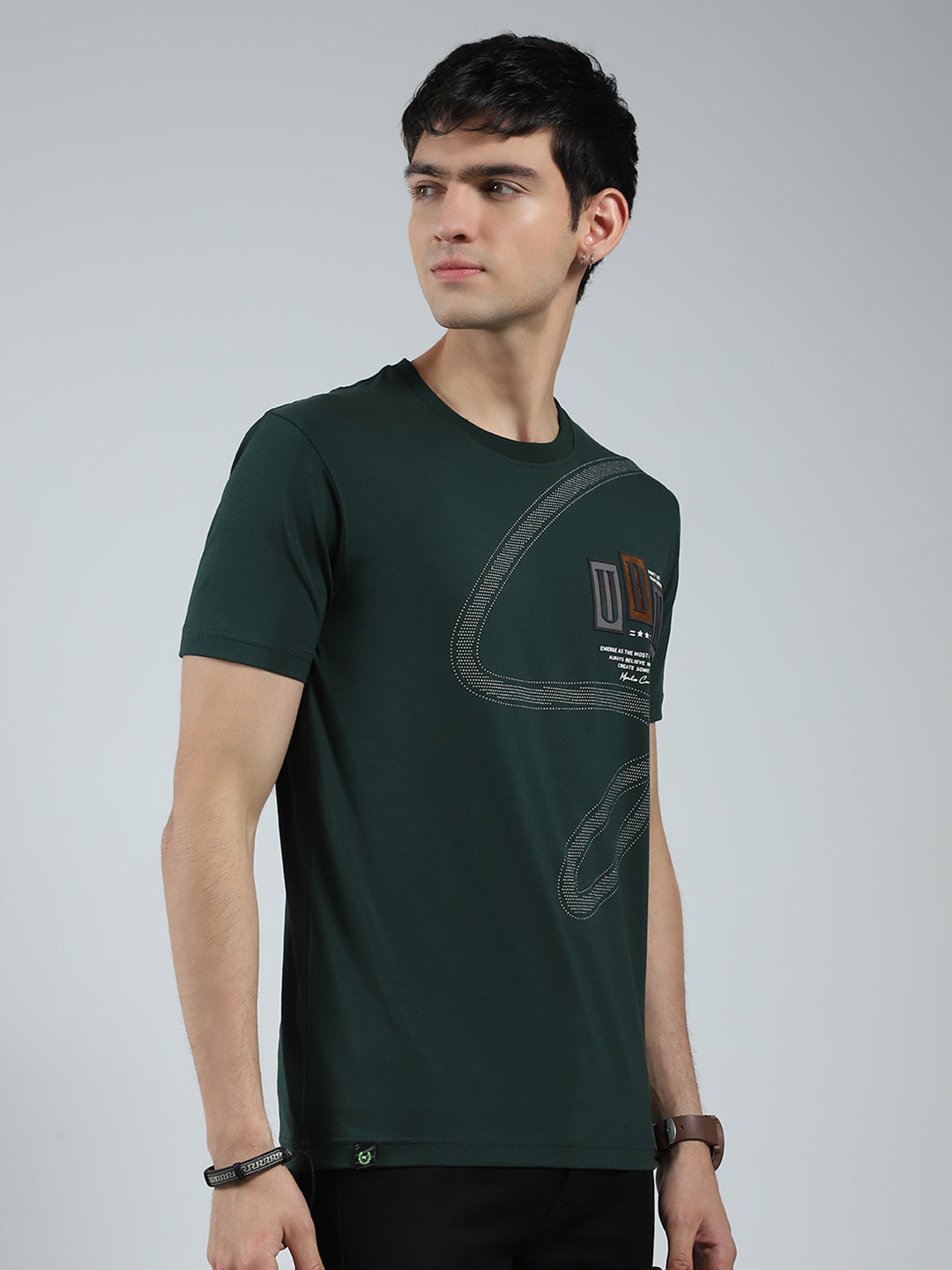 Men Green Printed Round Neck Half Sleeve T-Shirt