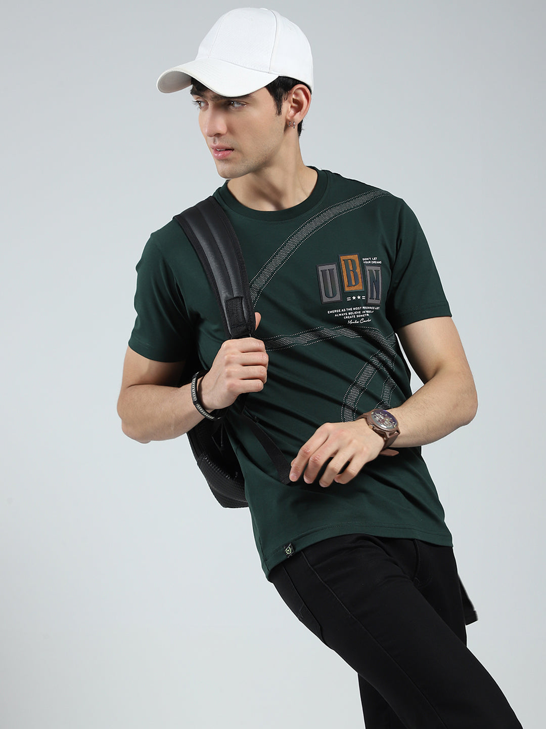 Men Green Printed Round Neck Half Sleeve T-Shirt