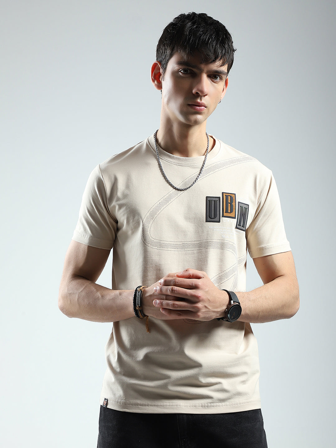 Men Beige Printed Round Neck Half Sleeve T-Shirt