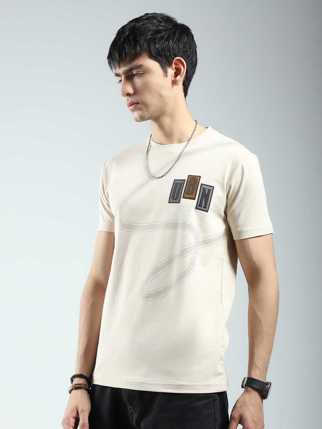 Men Beige Printed Round Neck Half Sleeve T-Shirt