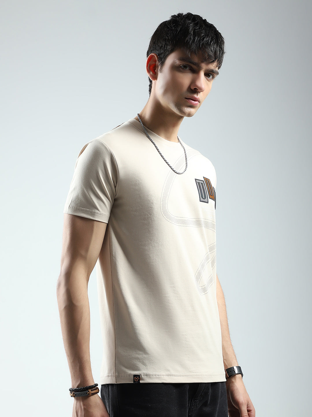 Men Beige Printed Round Neck Half Sleeve T-Shirt