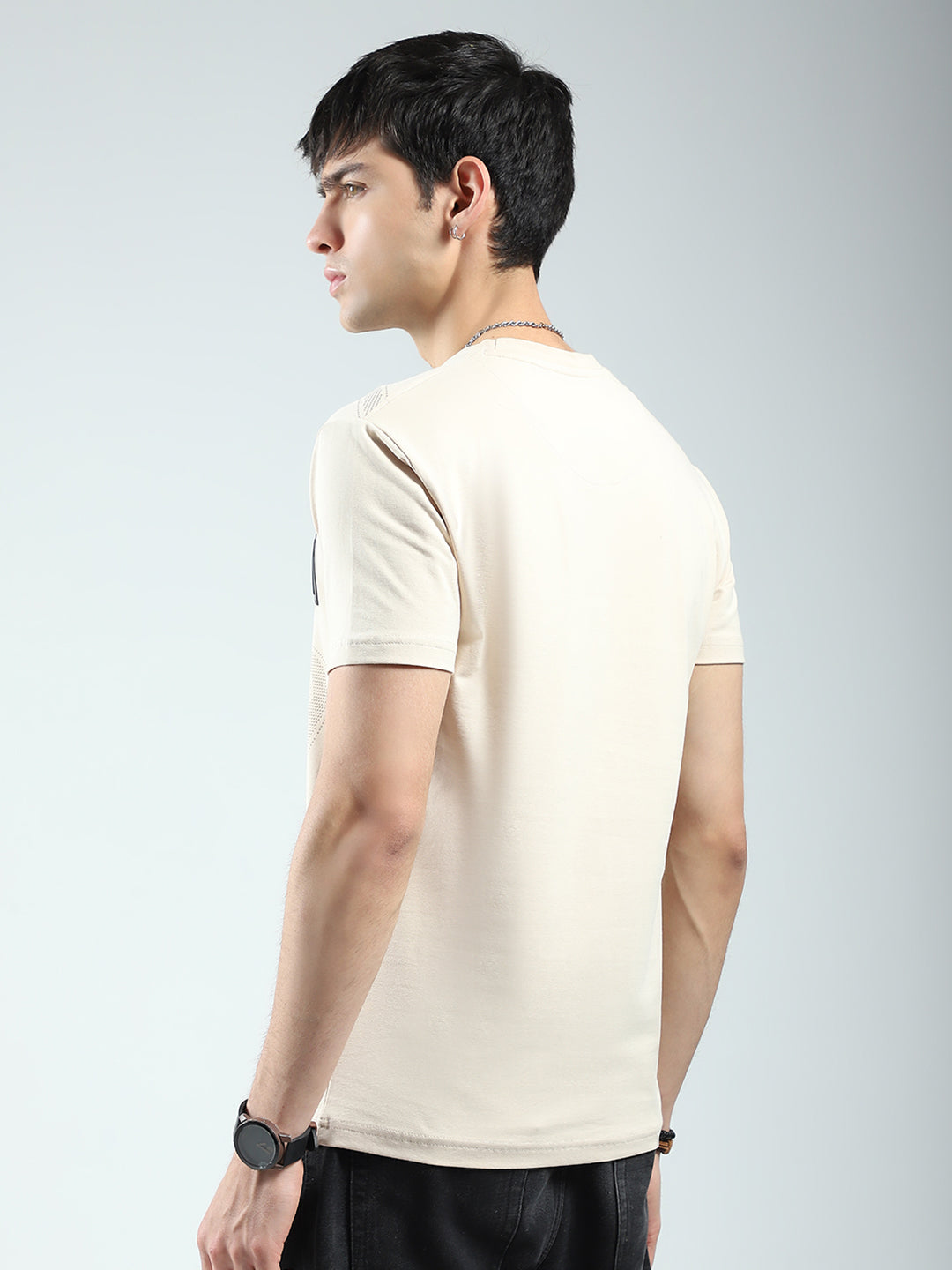 Men Beige Printed Round Neck Half Sleeve T-Shirt