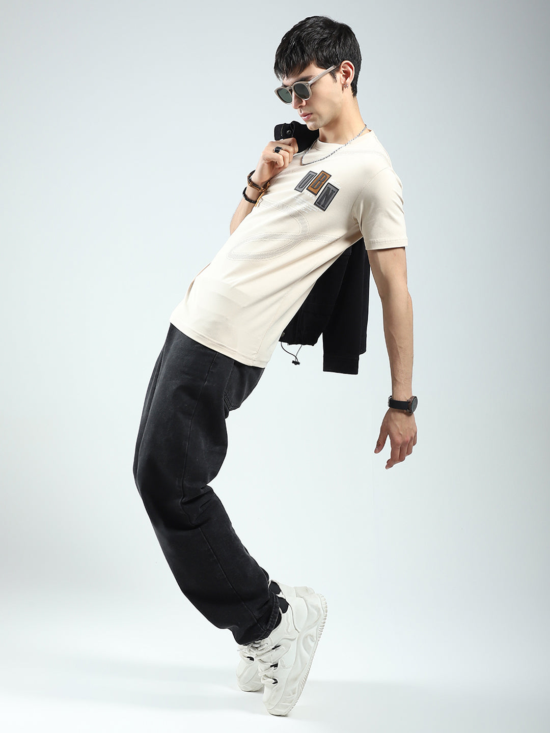 Men Beige Printed Round Neck Half Sleeve T-Shirt