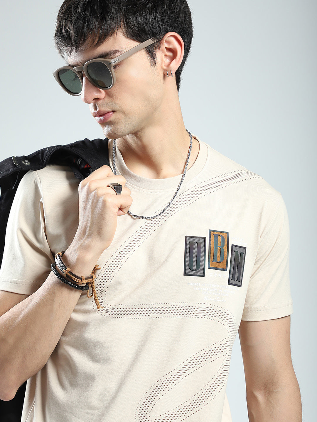 Men Beige Printed Round Neck Half Sleeve T-Shirt