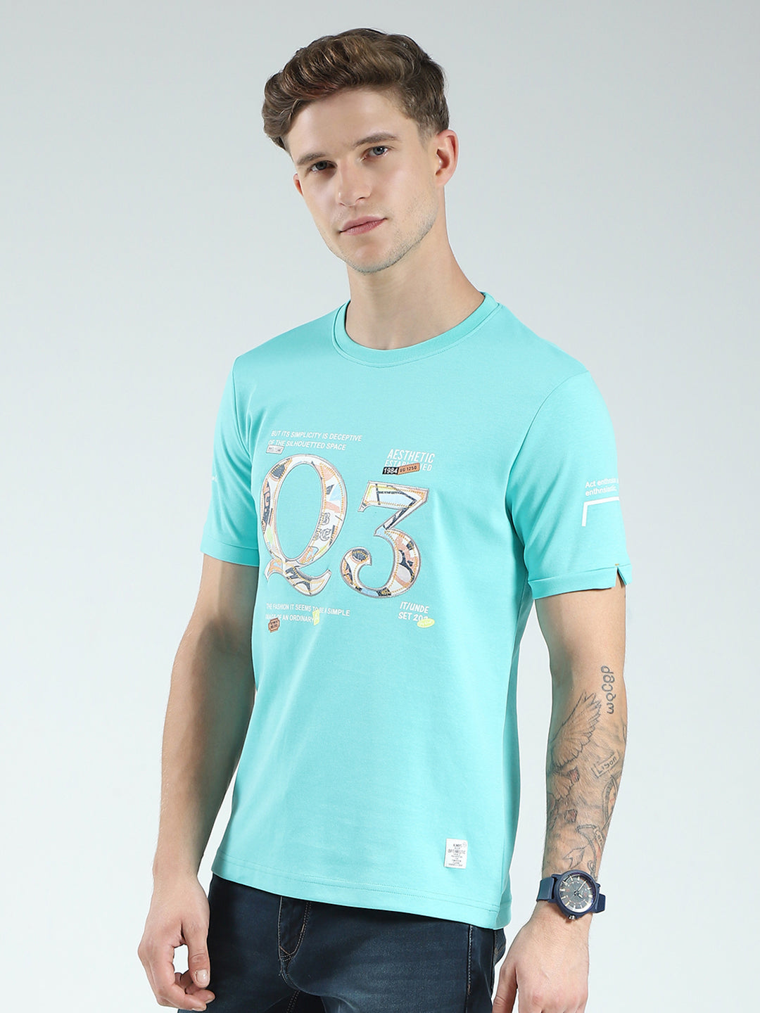 Men Green Printed Round Neck Half Sleeve T-Shirt