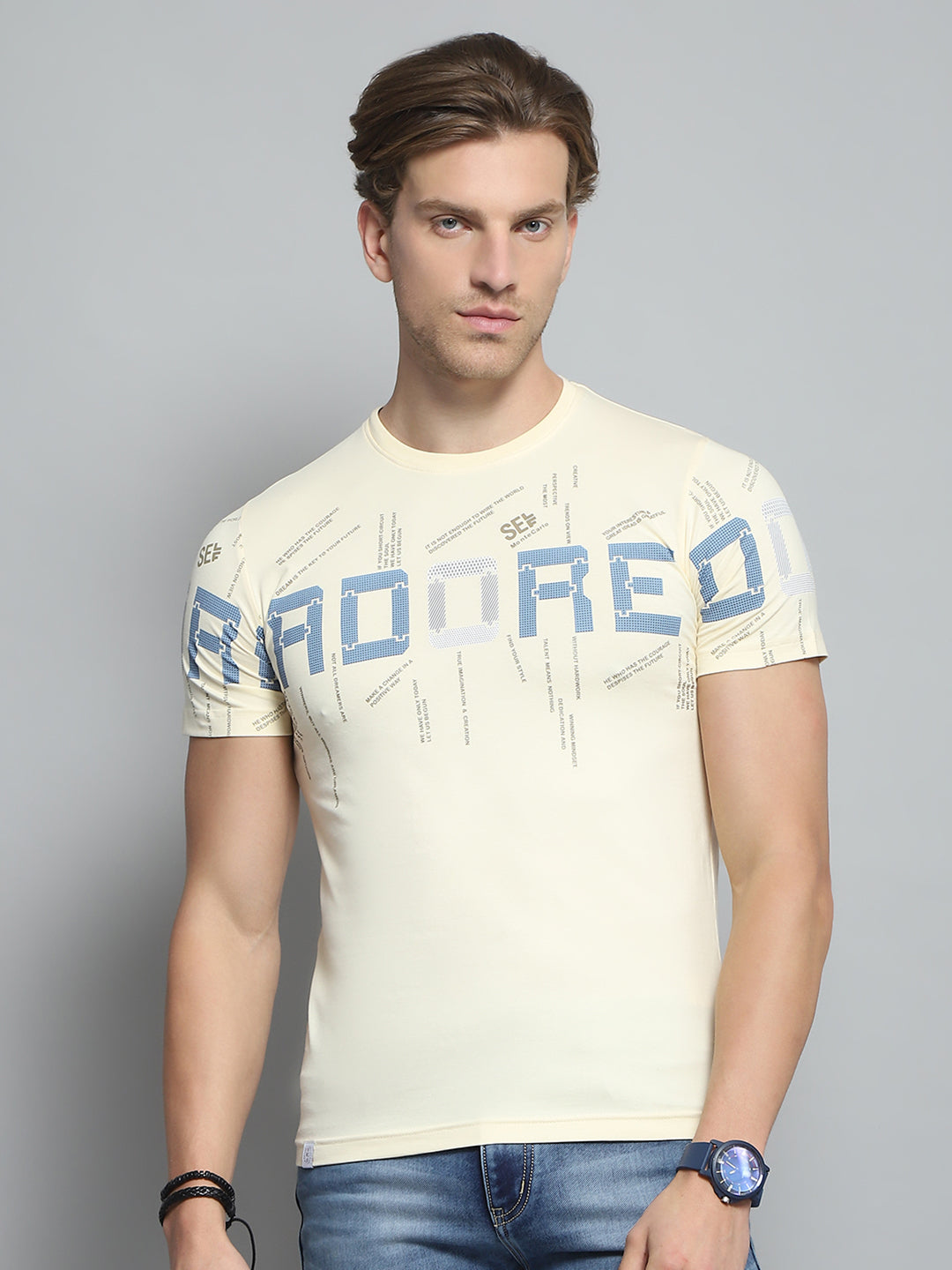 Men Beige Printed Round Neck Half Sleeve T-Shirt