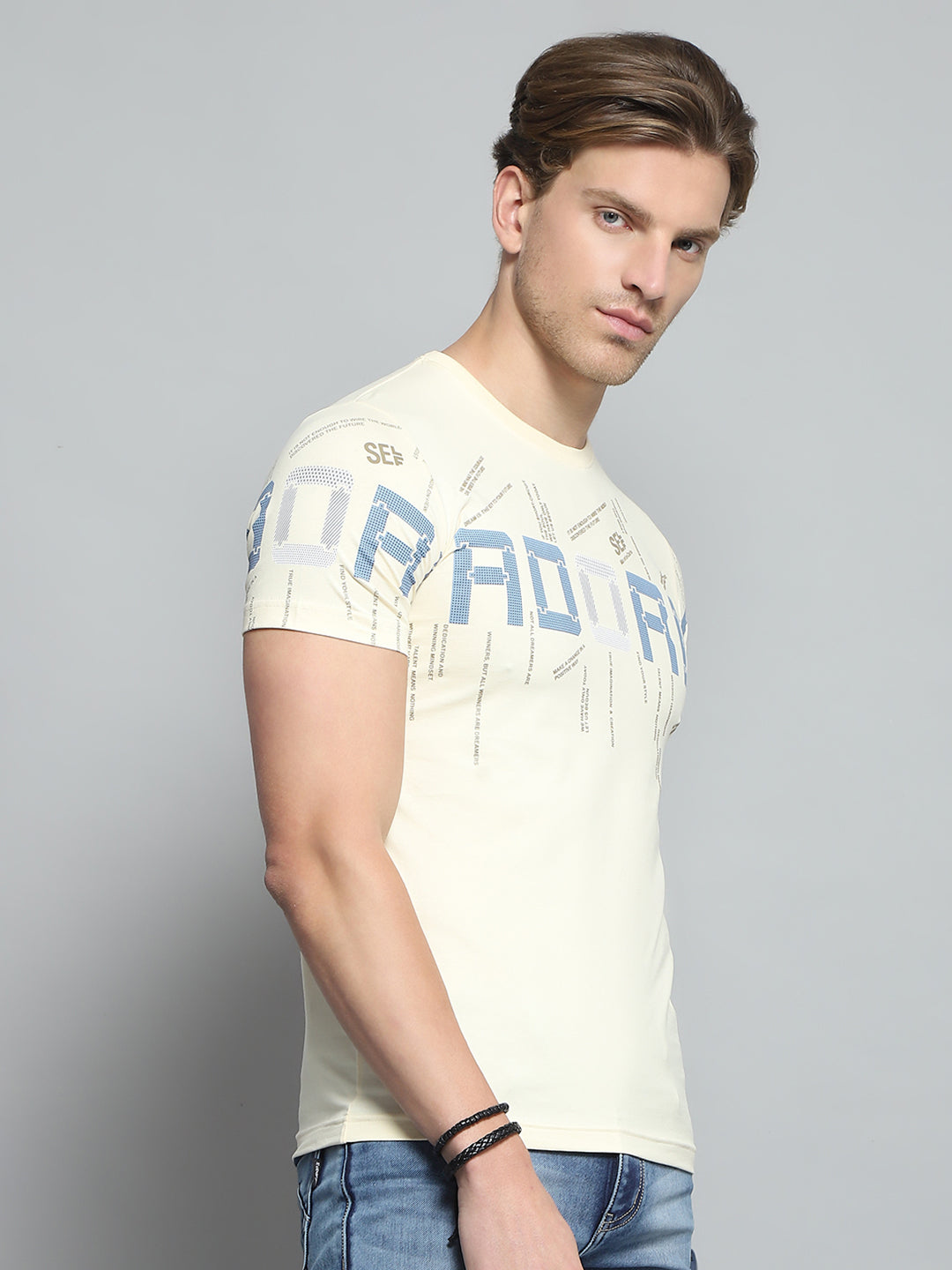 Men Beige Printed Round Neck Half Sleeve T-Shirt
