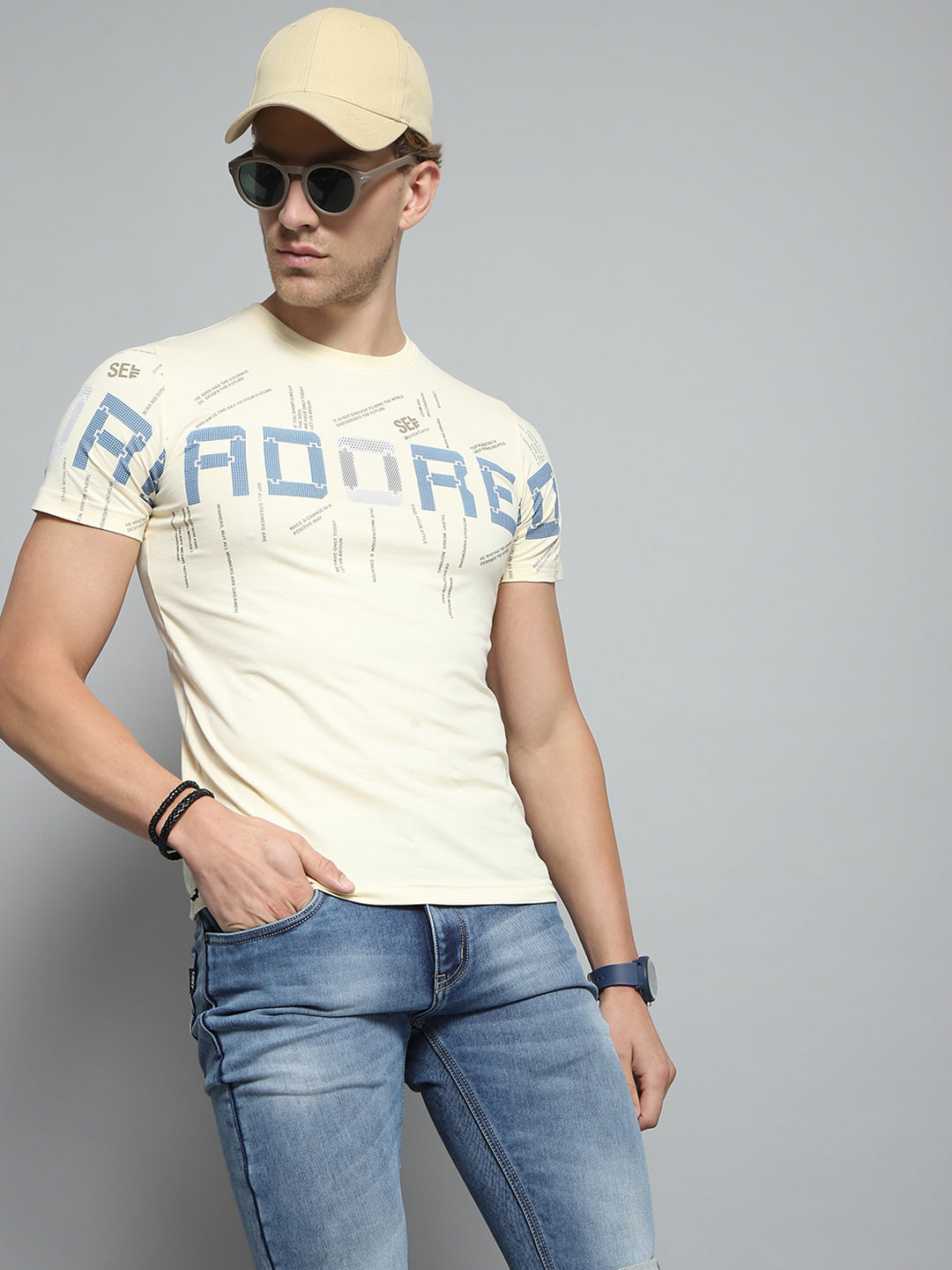 Men Beige Printed Round Neck Half Sleeve T-Shirt