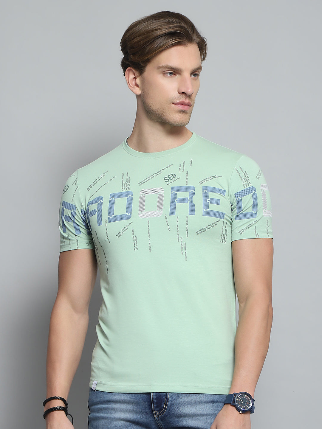 Men Green Printed Round Neck Half Sleeve T-Shirt