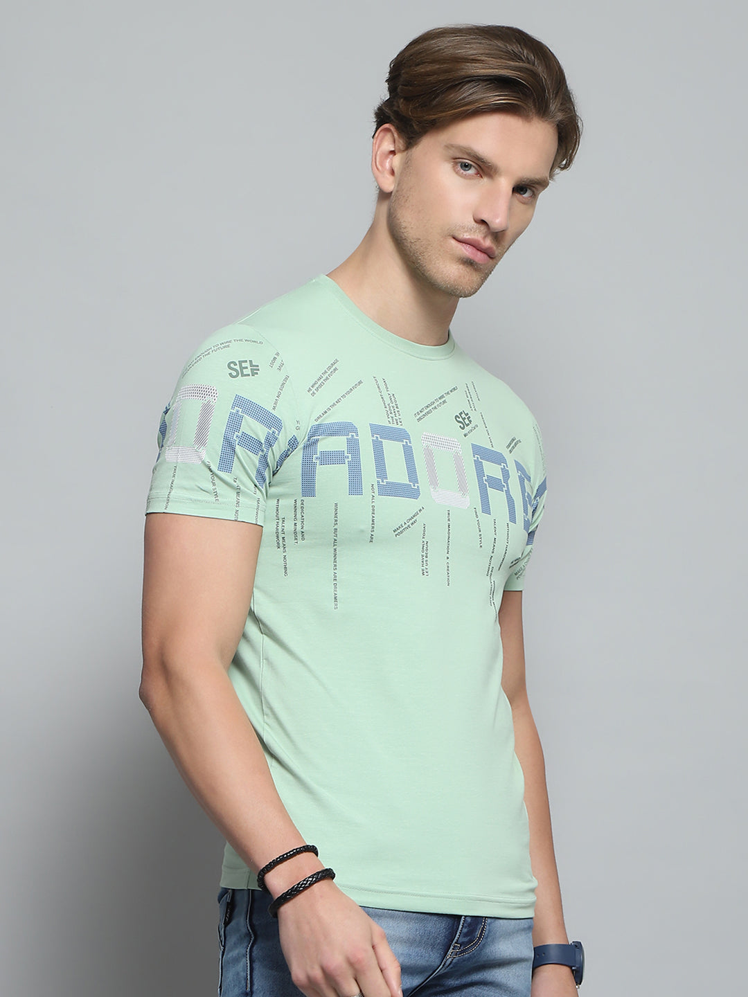 Men Green Printed Round Neck Half Sleeve T-Shirt