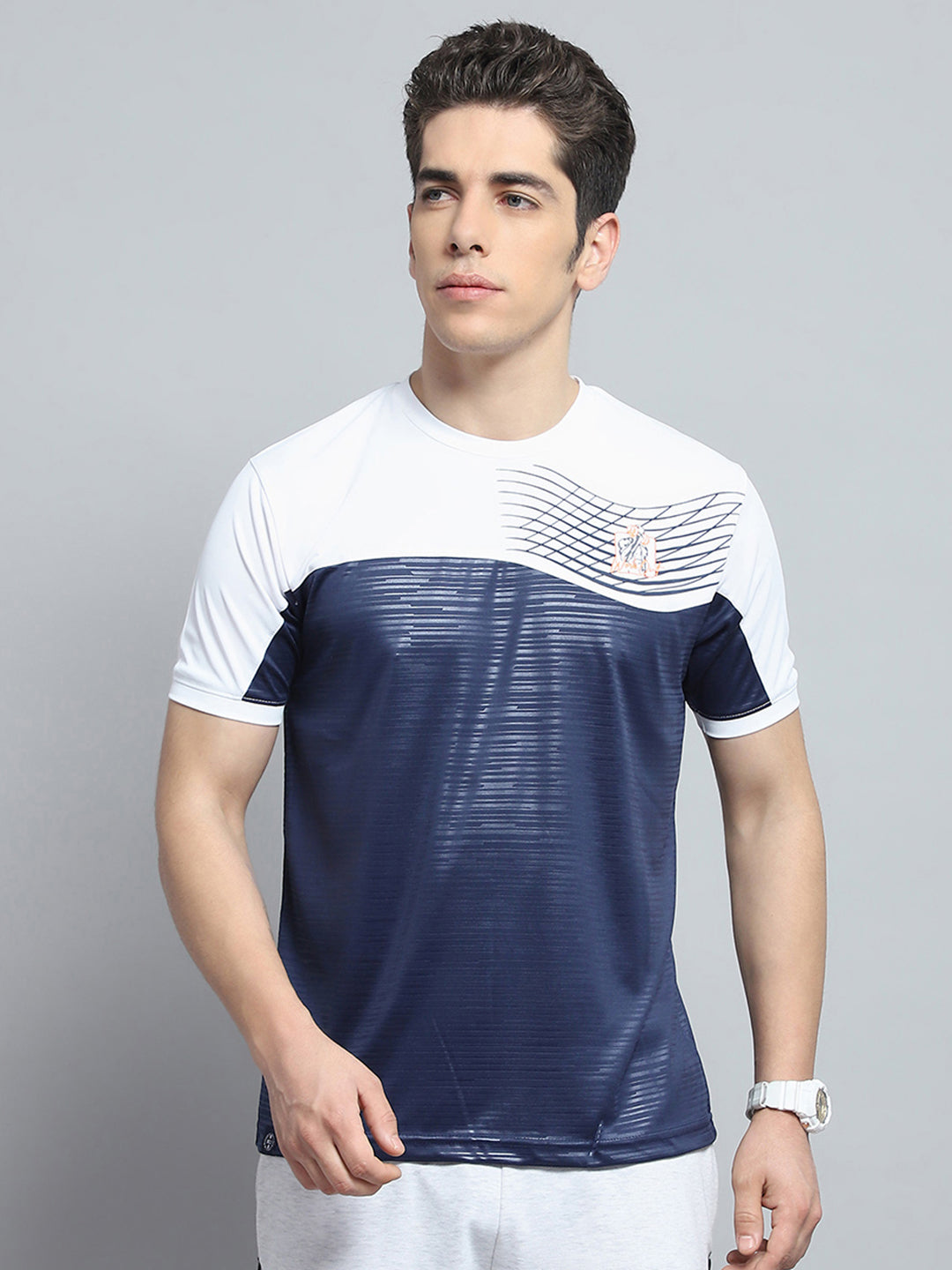 Men Navy Blue Printed Round Neck Half Sleeve T-Shirt