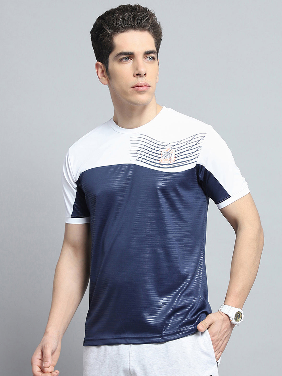 Men Navy Blue Printed Round Neck Half Sleeve T-Shirt