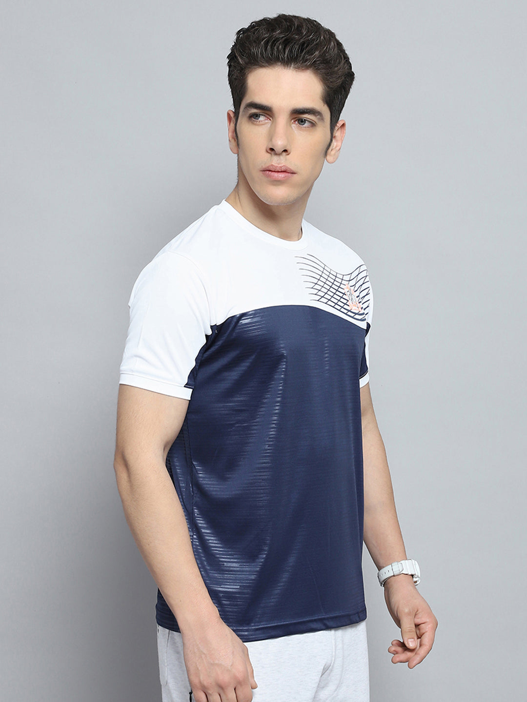 Men Navy Blue Printed Round Neck Half Sleeve T-Shirt