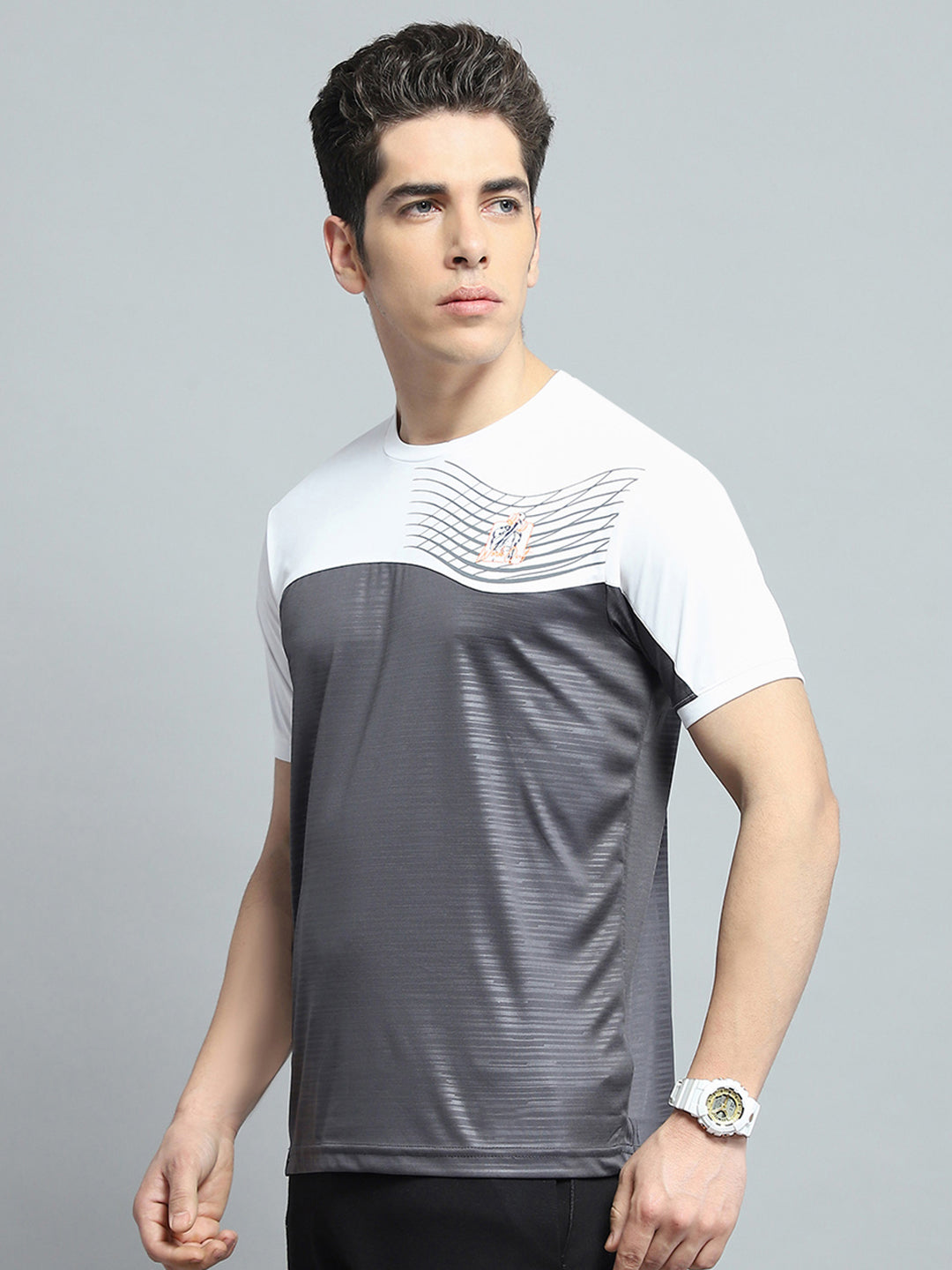 Men Grey Printed Round Neck Half Sleeve T-Shirt