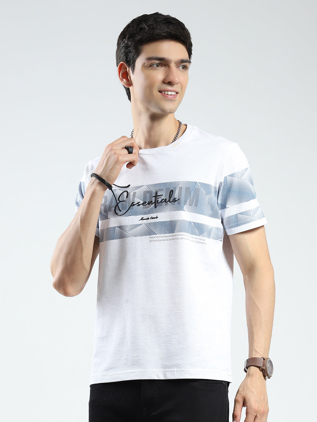 Men White Printed Round Neck Half Sleeve T-Shirt