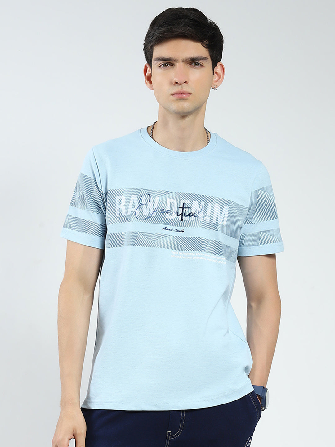 Men Blue Printed Round Neck Half Sleeve T-Shirt