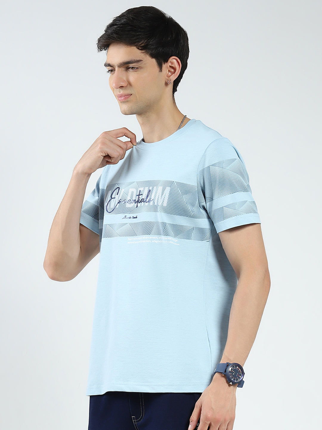 Men Blue Printed Round Neck Half Sleeve T-Shirt