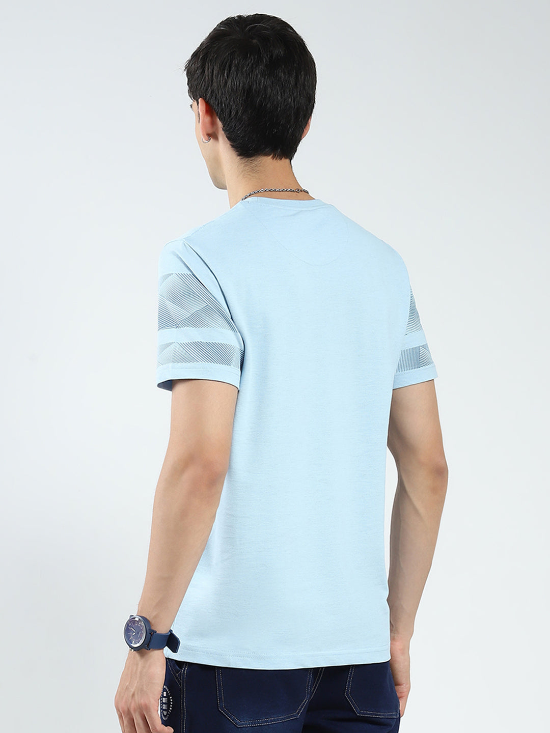 Men Blue Printed Round Neck Half Sleeve T-Shirt