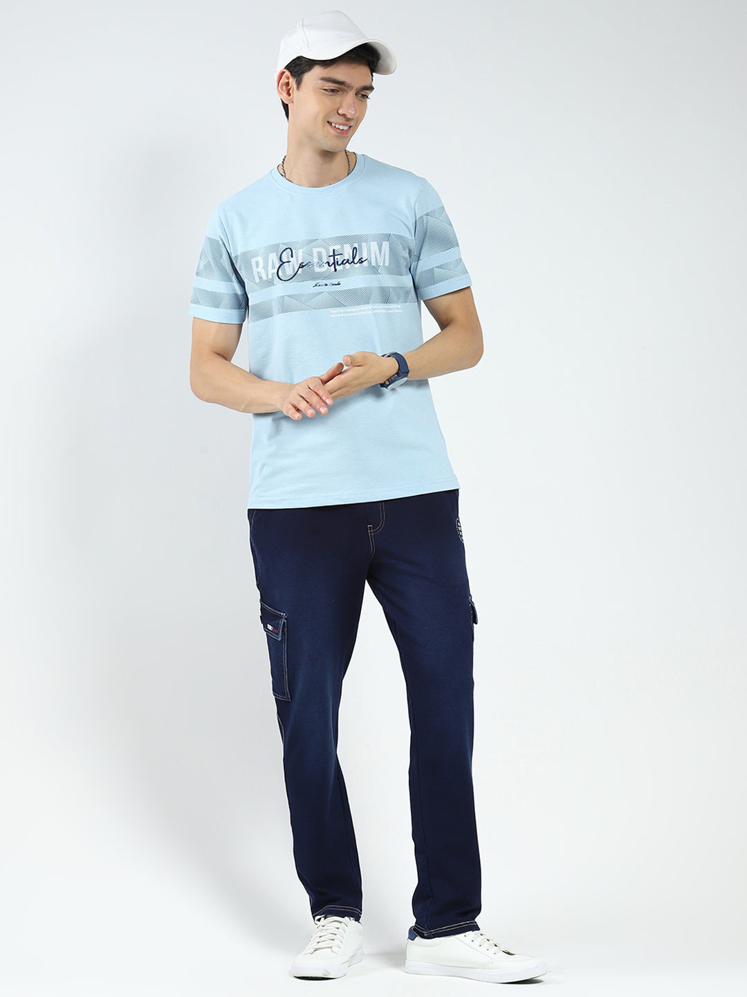 Men Blue Printed Round Neck Half Sleeve T-Shirt