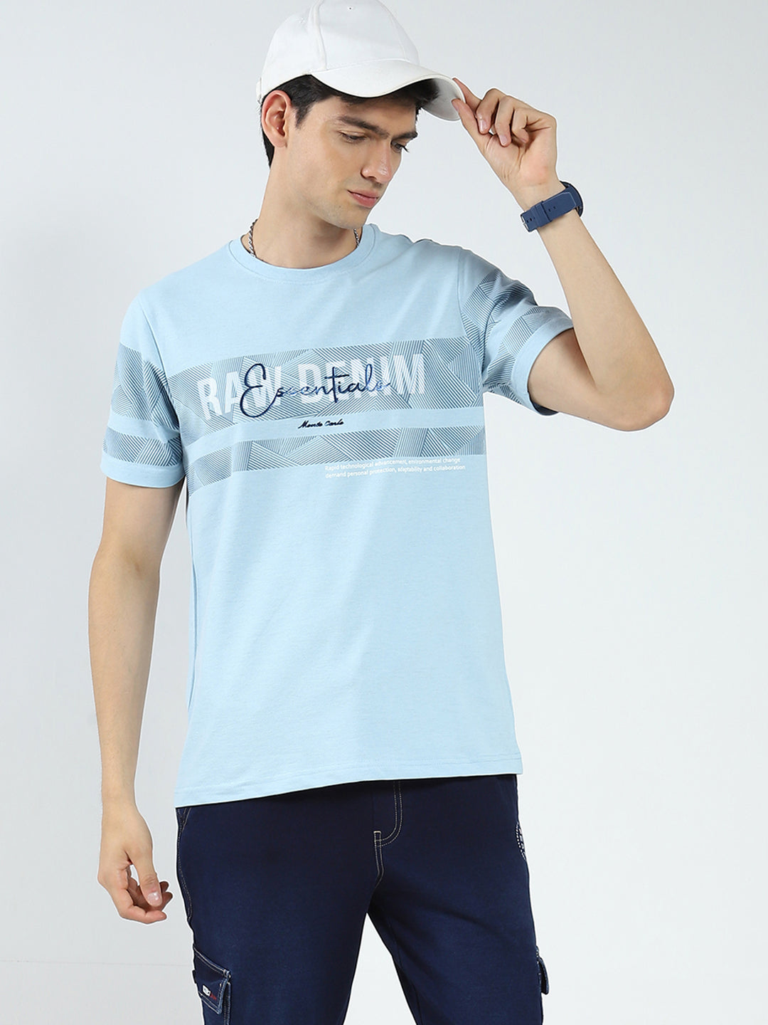 Men Blue Printed Round Neck Half Sleeve T-Shirt