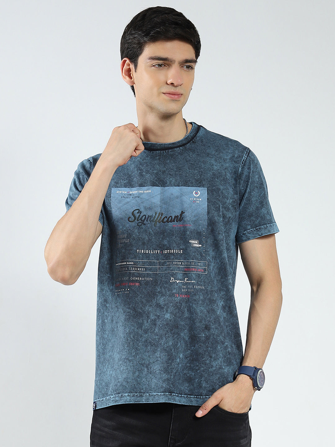 Men Blue Printed Round Neck Half Sleeve T-Shirt