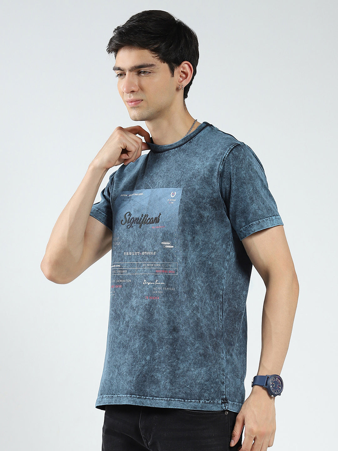 Men Blue Printed Round Neck Half Sleeve T-Shirt