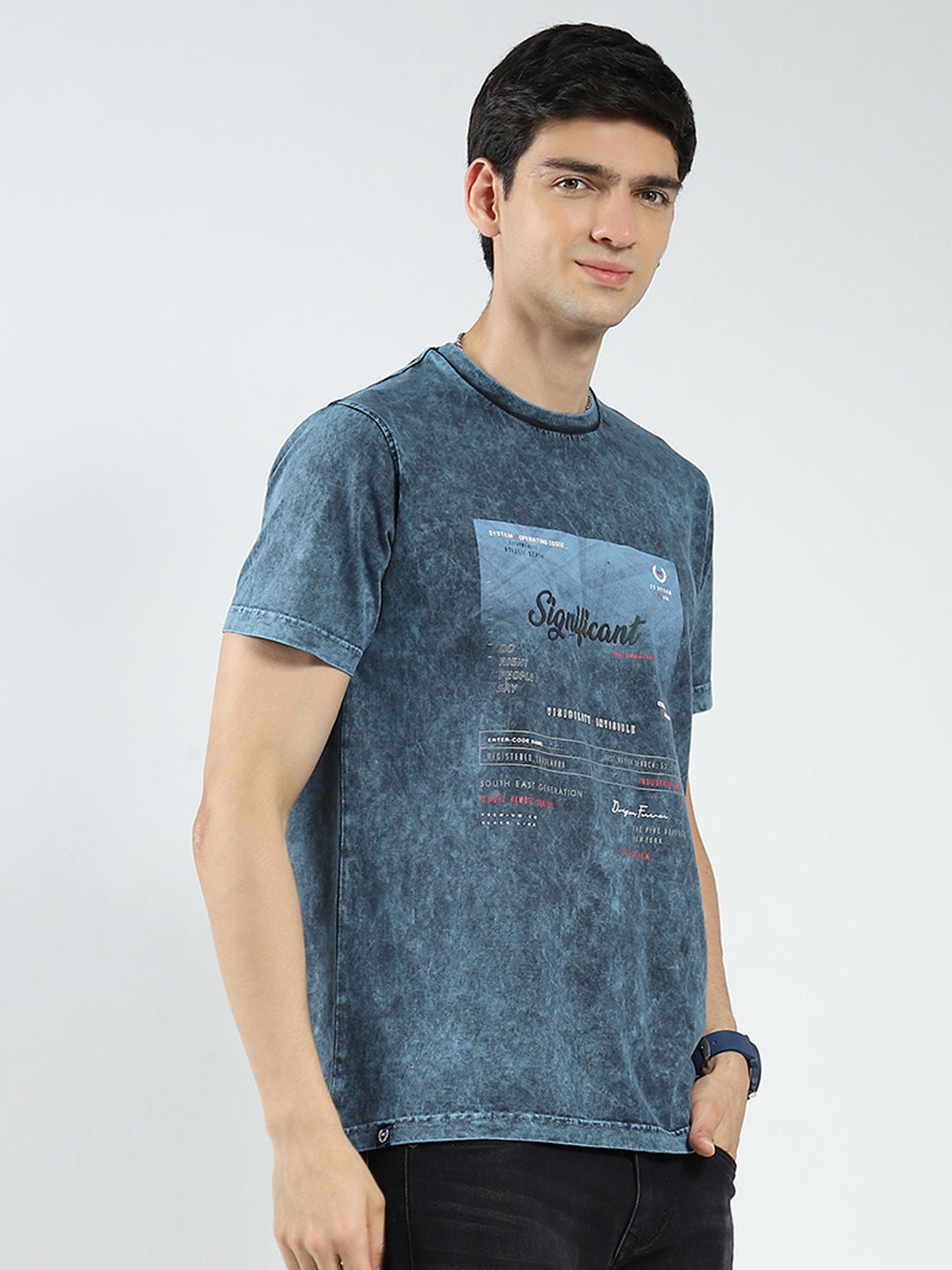 Men Blue Printed Round Neck Half Sleeve T-Shirt