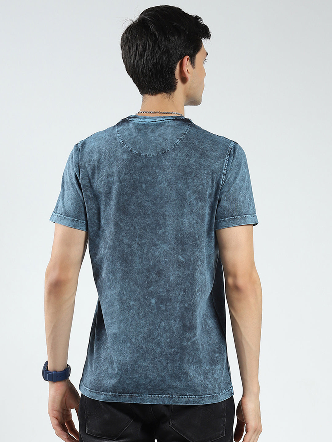 Men Blue Printed Round Neck Half Sleeve T-Shirt