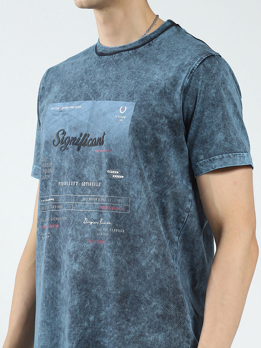 Men Blue Printed Round Neck Half Sleeve T-Shirt