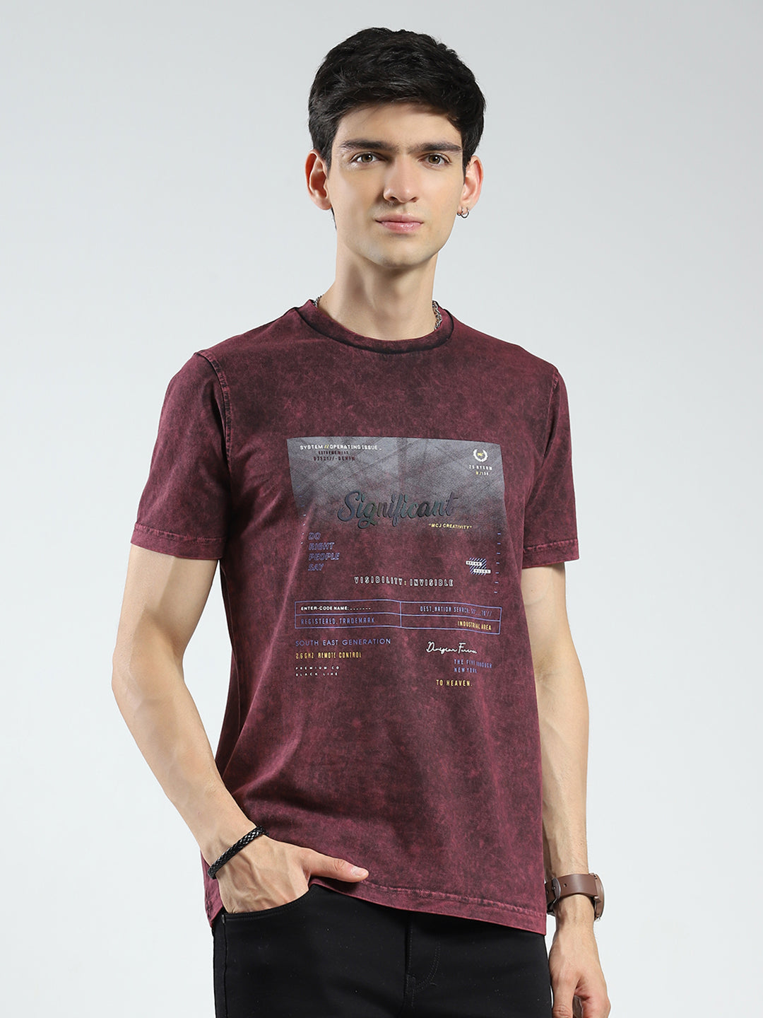 Men Maroon Printed Round Neck Half Sleeve T-Shirt