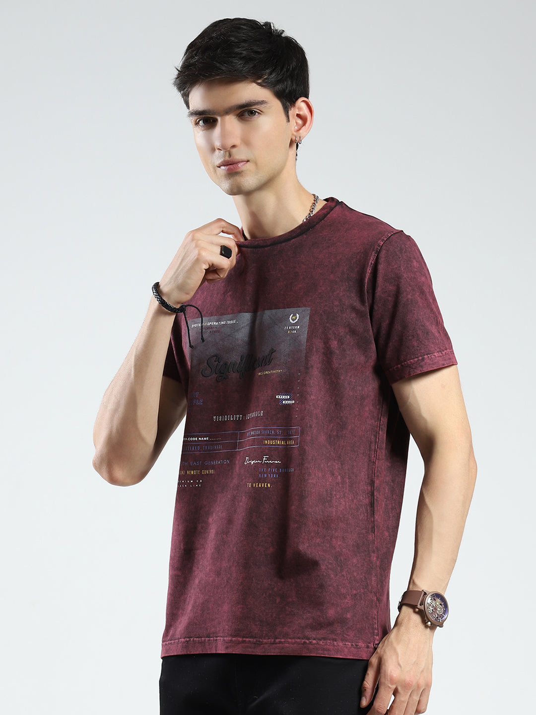 Men Maroon Printed Round Neck Half Sleeve T-Shirt