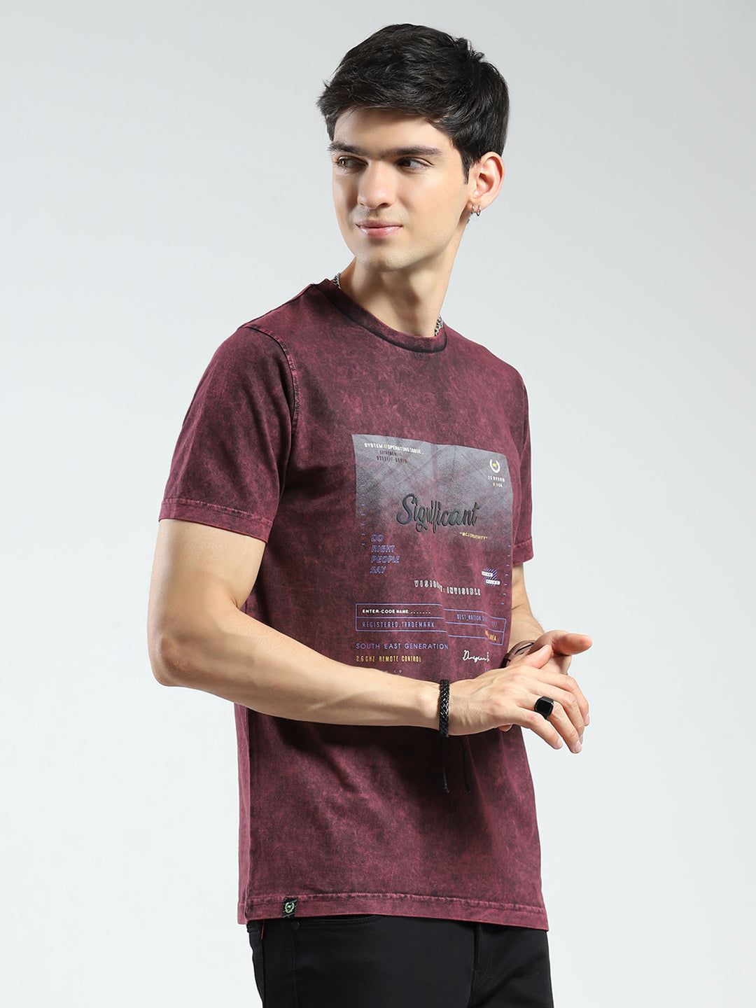 Men Maroon Printed Round Neck Half Sleeve T-Shirt