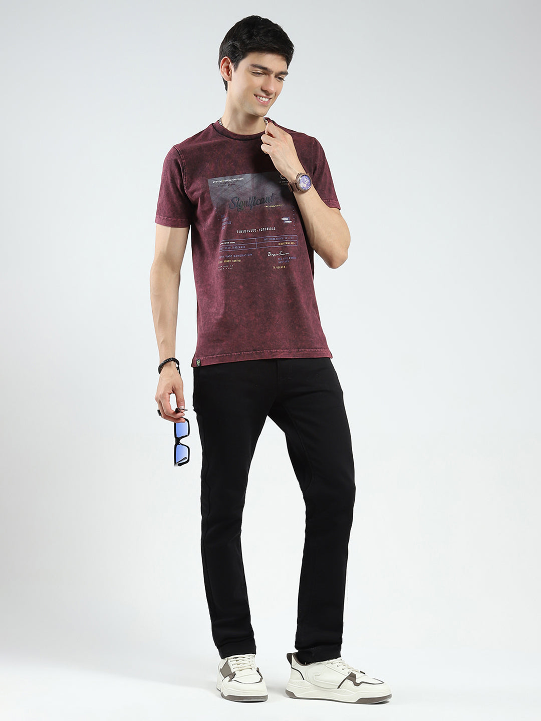 Men Maroon Printed Round Neck Half Sleeve T-Shirt