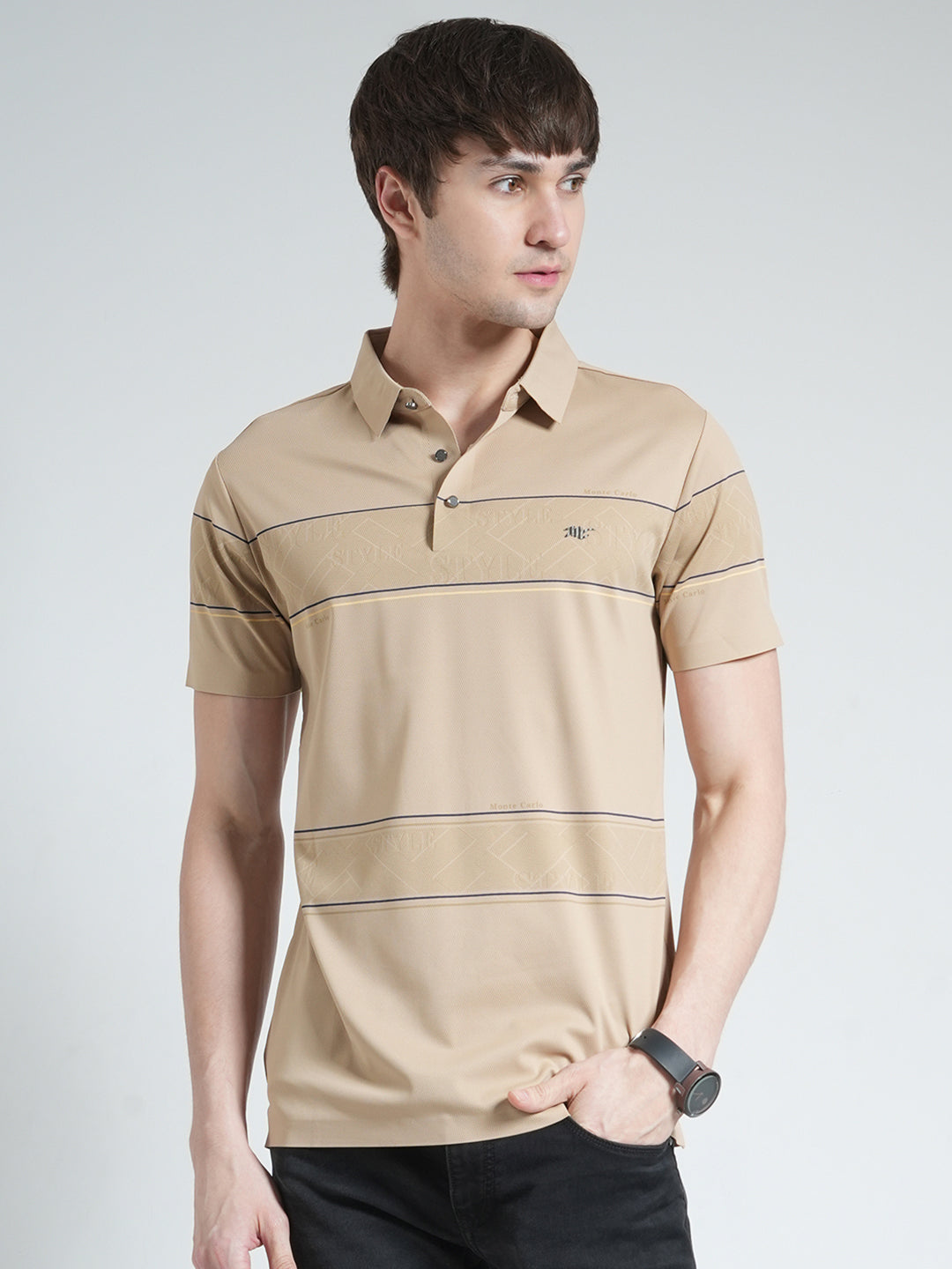Men Beige Stripe Collar Half Sleeve T-Shirt